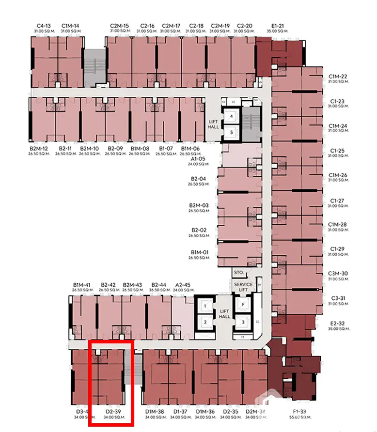 Detailed floor plan layout of a modern apartment complex with unit numbers and dimensions.