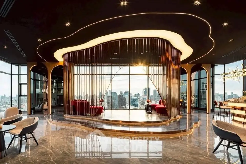 Luxurious modern living room with panoramic city view and elegant interior design.