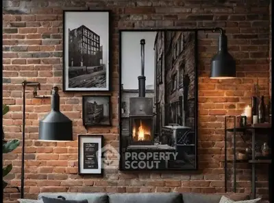 Stylish industrial living room with exposed brick wall and modern lighting