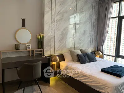 Luxurious bedroom with modern decor and large window offering city views