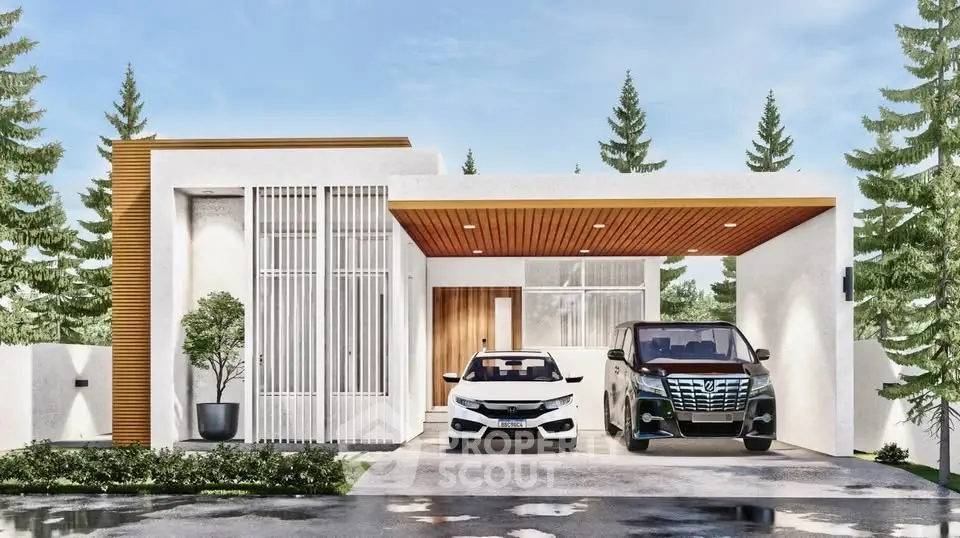 Modern single-story house with carport and sleek design in a serene wooded setting.