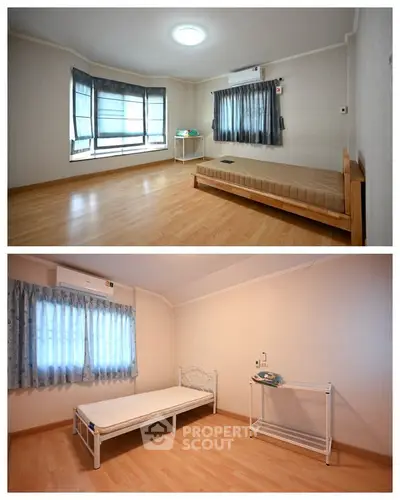 Spacious bedrooms with wooden flooring and natural light in modern apartment.