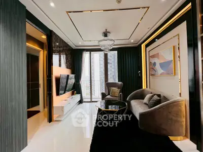 Luxurious modern living room with elegant decor and city view balcony.