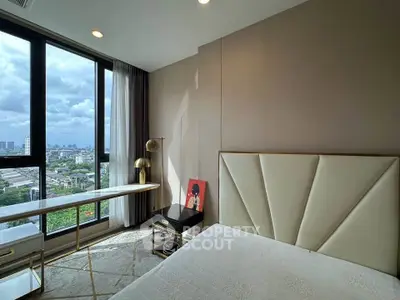 Luxurious bedroom with stunning city view and elegant decor