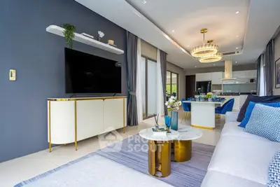 Luxurious modern living room with elegant decor and open kitchen layout