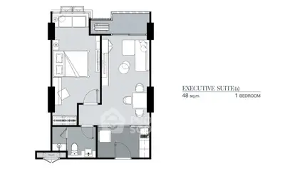 Executive suite floor plan with 1 bedroom and 48 sqm layout, showcasing modern design and efficient space utilization.