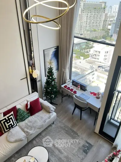 Modern living room with high ceiling, large windows, and stylish decor in urban apartment