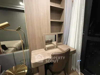 Modern bedroom with stylish desk and elegant lighting