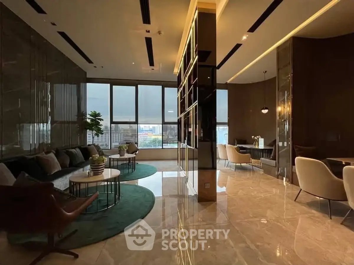 Luxurious modern living room with panoramic city views and elegant decor