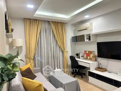 Modern living room with stylish decor and workspace, featuring cozy sofa and elegant curtains.