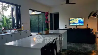 Modern open-plan living room with sleek kitchen island and cozy seating area, perfect for entertaining.