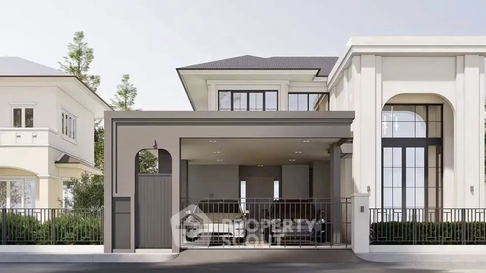 Elegant modern house exterior with spacious garage and sleek design