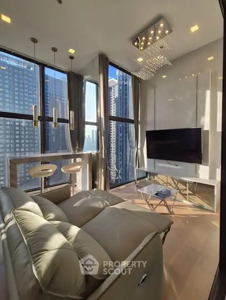 Luxurious modern living room with floor-to-ceiling windows and city view.