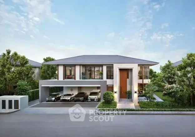 Luxurious modern two-story house with spacious driveway and lush greenery