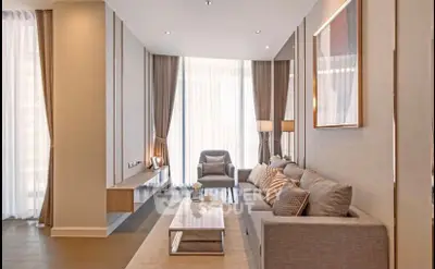 Luxurious modern living room with elegant decor and floor-to-ceiling windows.