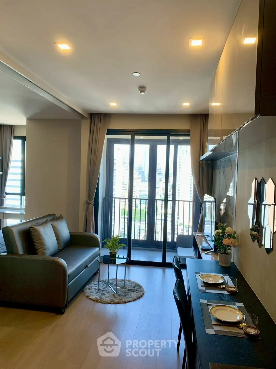 Modern living room with balcony view in a stylish apartment