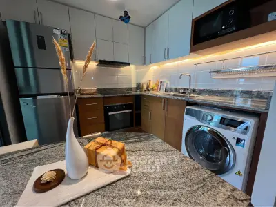 Modern kitchen with granite countertops, built-in oven, and washing machine, showcasing sleek cabinetry and stylish decor.