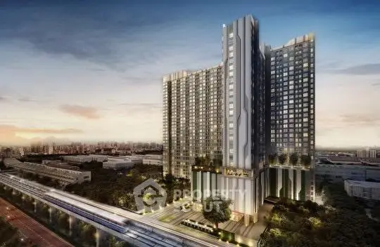 Stunning high-rise building with modern architecture and cityscape view at sunset.