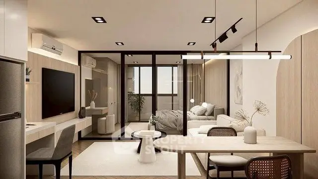 Modern open-plan living room with stylish decor and natural light