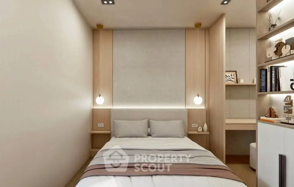 Cozy modern bedroom with minimalist design and soft lighting