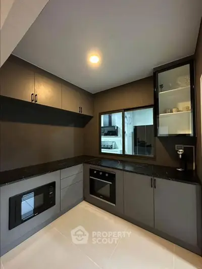 Modern kitchen with sleek black cabinetry and built-in appliances