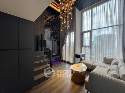 Luxurious modern living room with high ceilings and elegant lighting