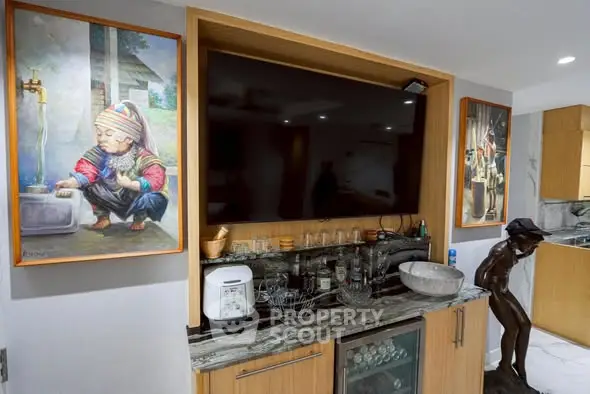 Stylish home bar with modern appliances and artistic decor