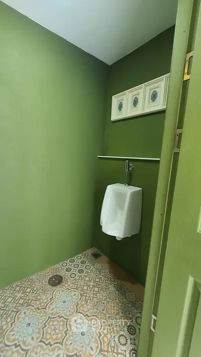 Charming green bathroom with unique floor tiles and urinal, perfect for modern design enthusiasts.