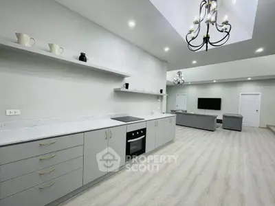 Spacious modern kitchen with open layout and elegant living room, featuring sleek cabinetry and stylish lighting.
