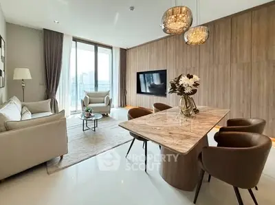 Luxurious modern living room with elegant decor and city view