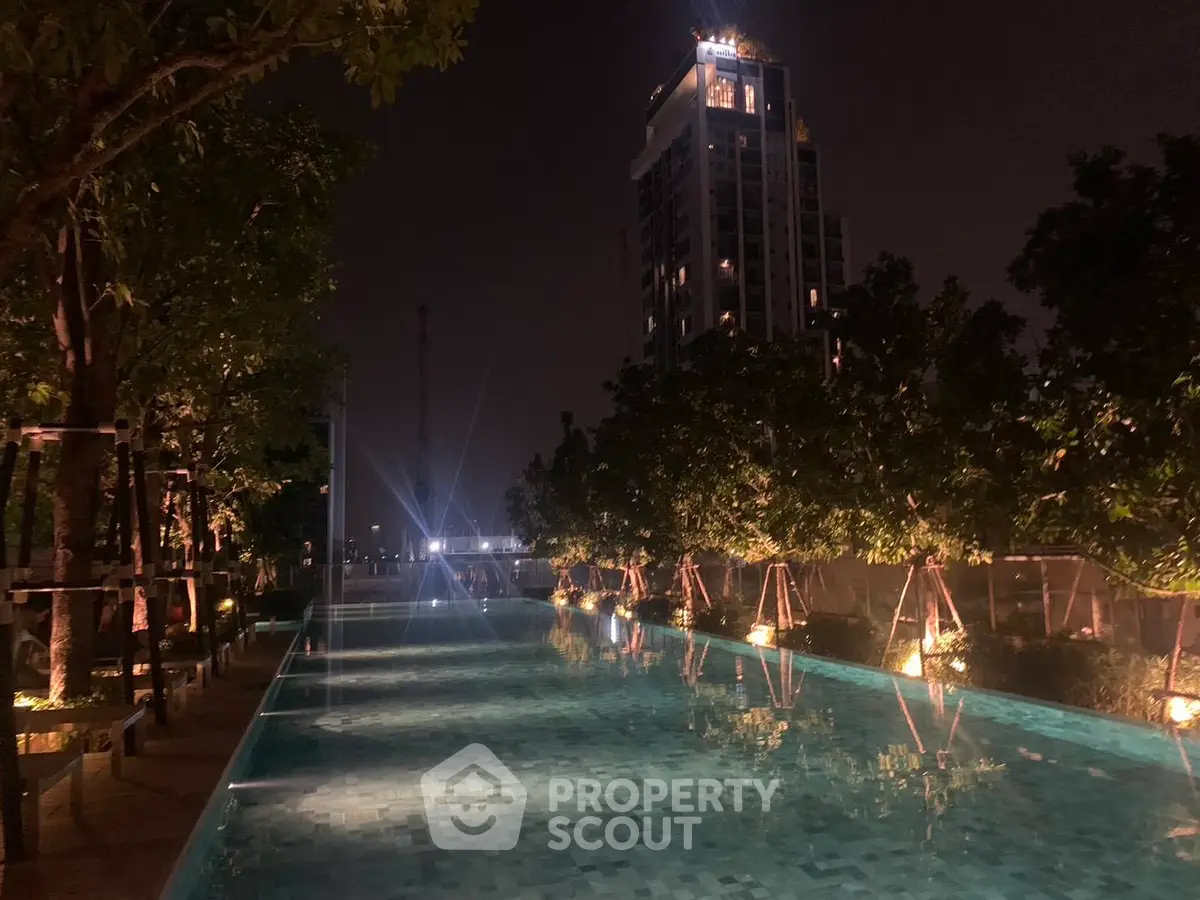 Luxurious rooftop pool with stunning night cityscape view, perfect for relaxation and entertainment.