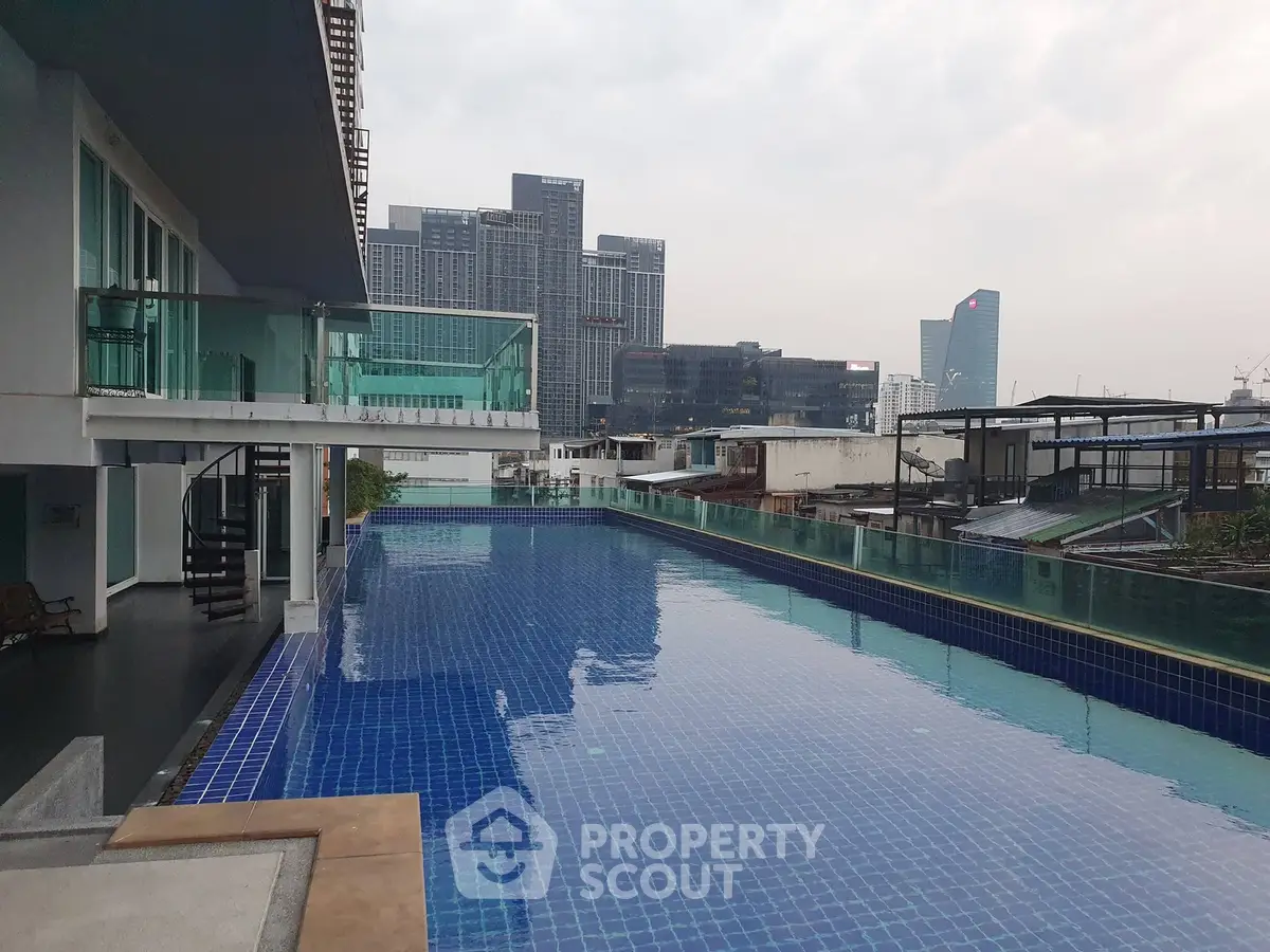 Luxurious rooftop pool with stunning cityscape views in modern urban setting.