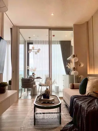 Modern living room with stylish decor and balcony view in luxury apartment