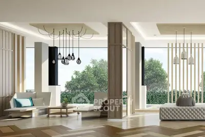 Luxurious modern living room with elegant decor and large windows overlooking greenery.