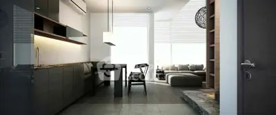 Modern open-plan living room with sleek furniture and stylish lighting