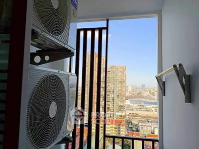 Stunning city view from a high-rise balcony with air conditioning units, perfect for urban living.