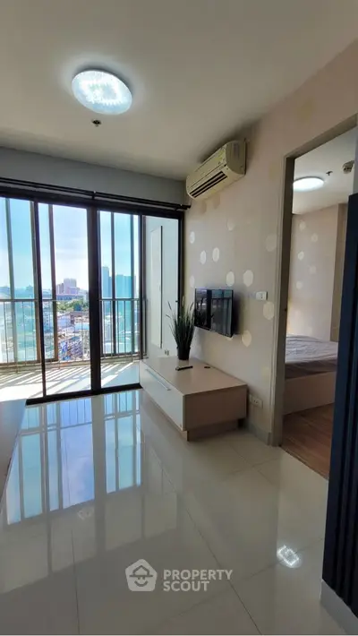 Modern living room with balcony view and sleek interior design