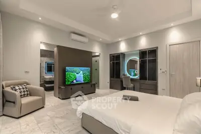 Luxurious modern bedroom with elegant decor and ambient lighting