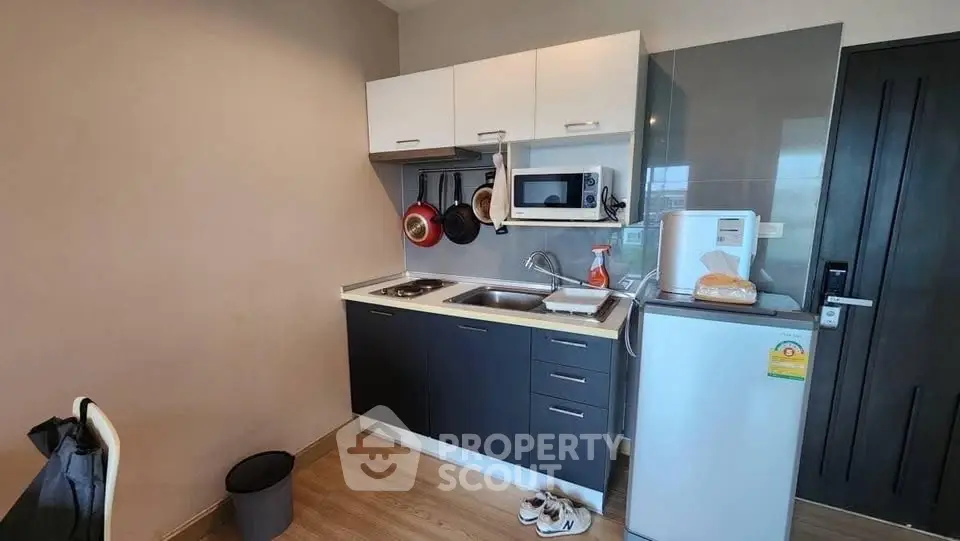 Modern compact kitchen with sleek cabinetry and appliances in a cozy apartment setting.