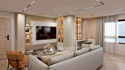 Luxurious modern living room with elegant decor and large TV, perfect for relaxation and entertainment.