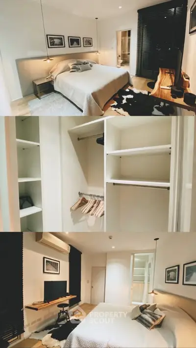 Modern bedroom with stylish decor and spacious walk-in closet, featuring elegant lighting and cozy ambiance.