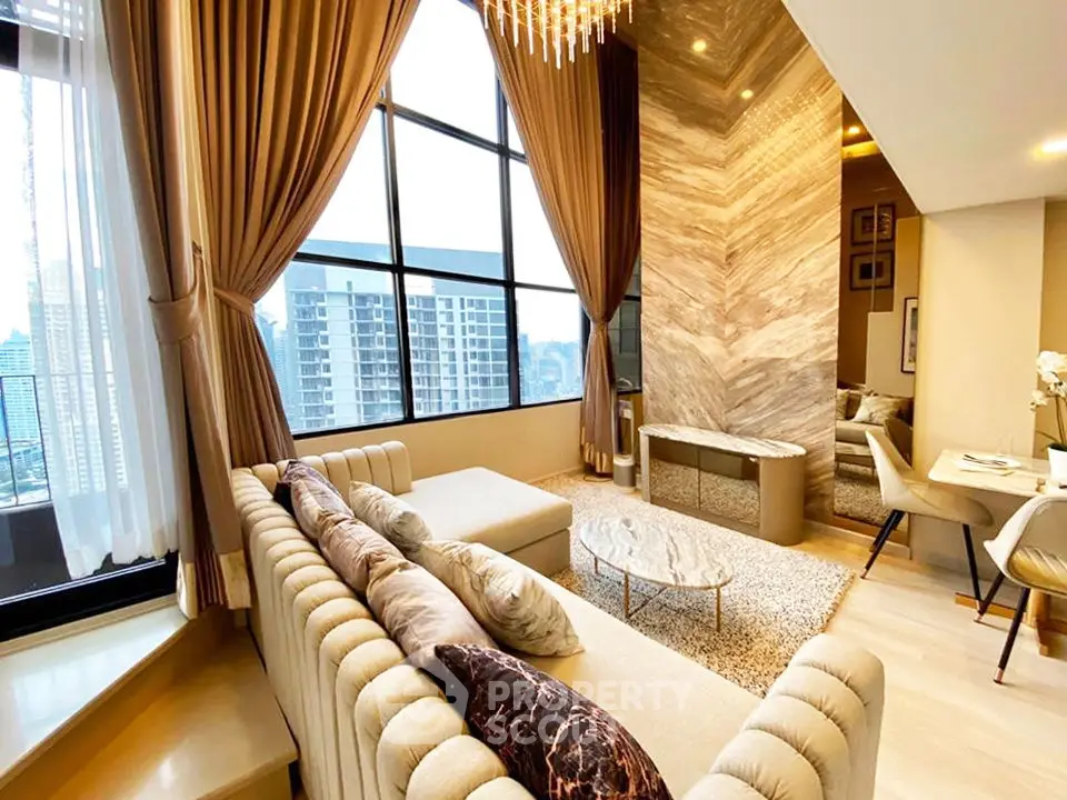 Luxurious high-rise living room with panoramic city views and elegant decor