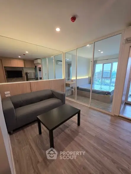 Modern apartment interior with open layout and city view