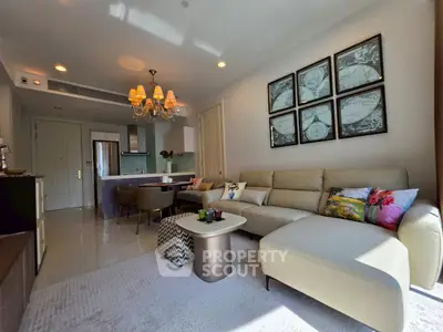 Spacious modern living room with elegant decor and open kitchen layout