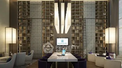 Luxurious modern library with high ceilings and elegant seating area