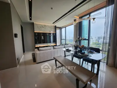 Luxurious modern living room with panoramic city view and elegant dining area.