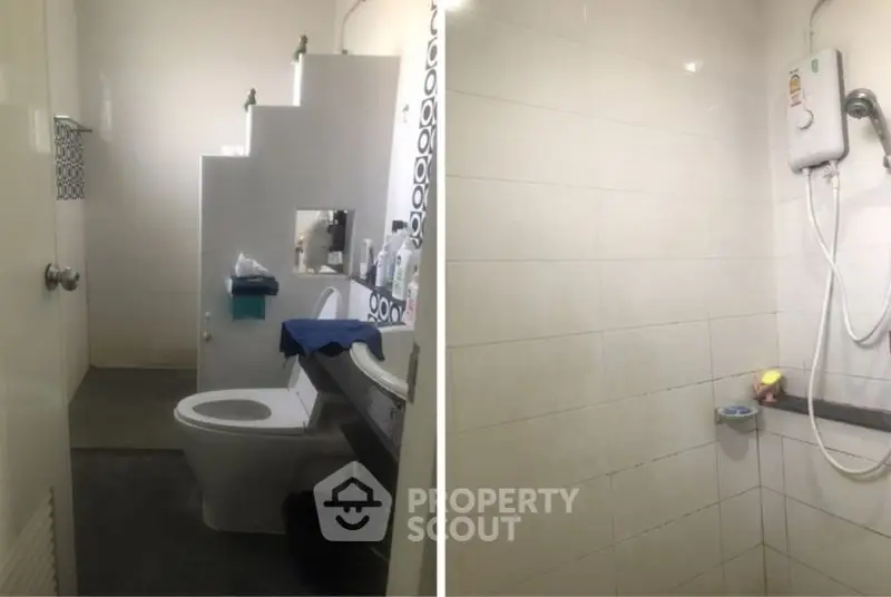 Modern bathroom with shower and toilet, featuring sleek tiles and contemporary fixtures.