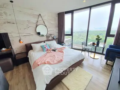 Luxurious bedroom with panoramic city view and stylish decor