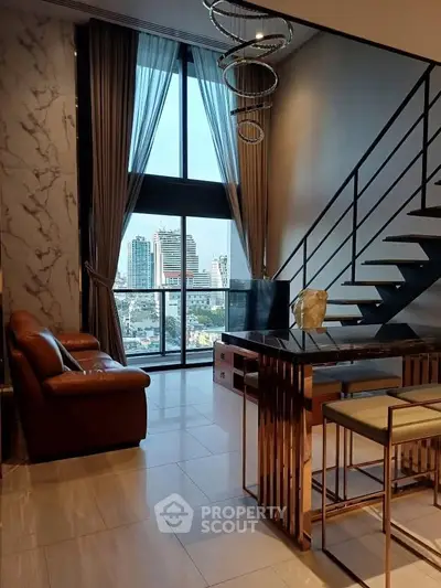Luxurious modern living room with high ceilings and city view
