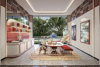 Luxurious modern living room with elegant decor and large windows overlooking a lush garden.